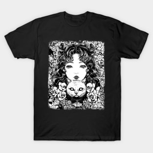 Manga Cat Lover Girl Creepy Drawing - Dark manga art Emo T-Shirt